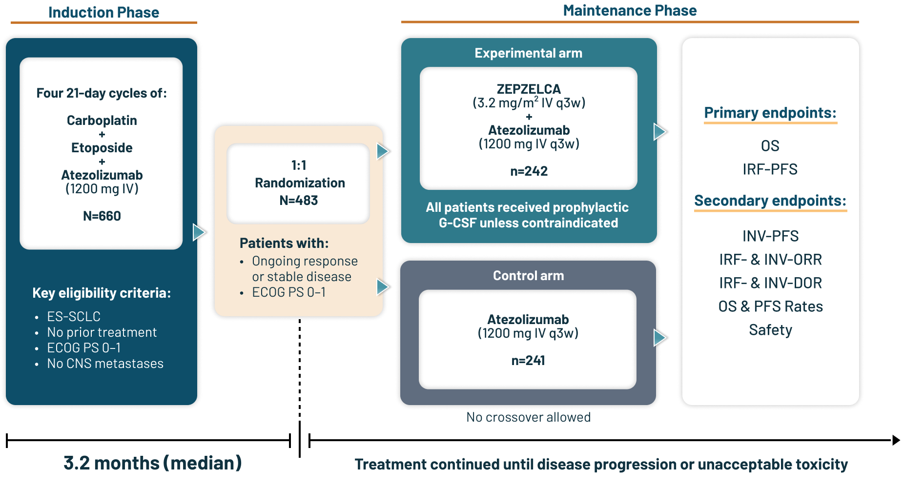 Diagram showing the induction, randomization, and maintenance phase, with key eligibility criteria, treatment arms, and primary/secondary endpoints.