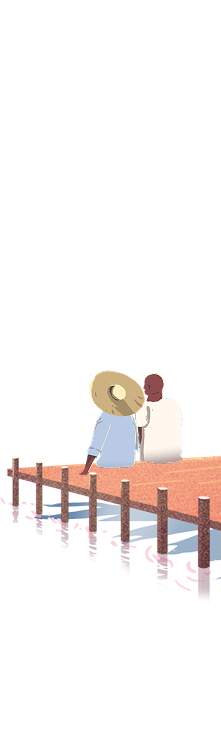 Illustration of a back view of a couple sitting on a dock, looking out over the water.